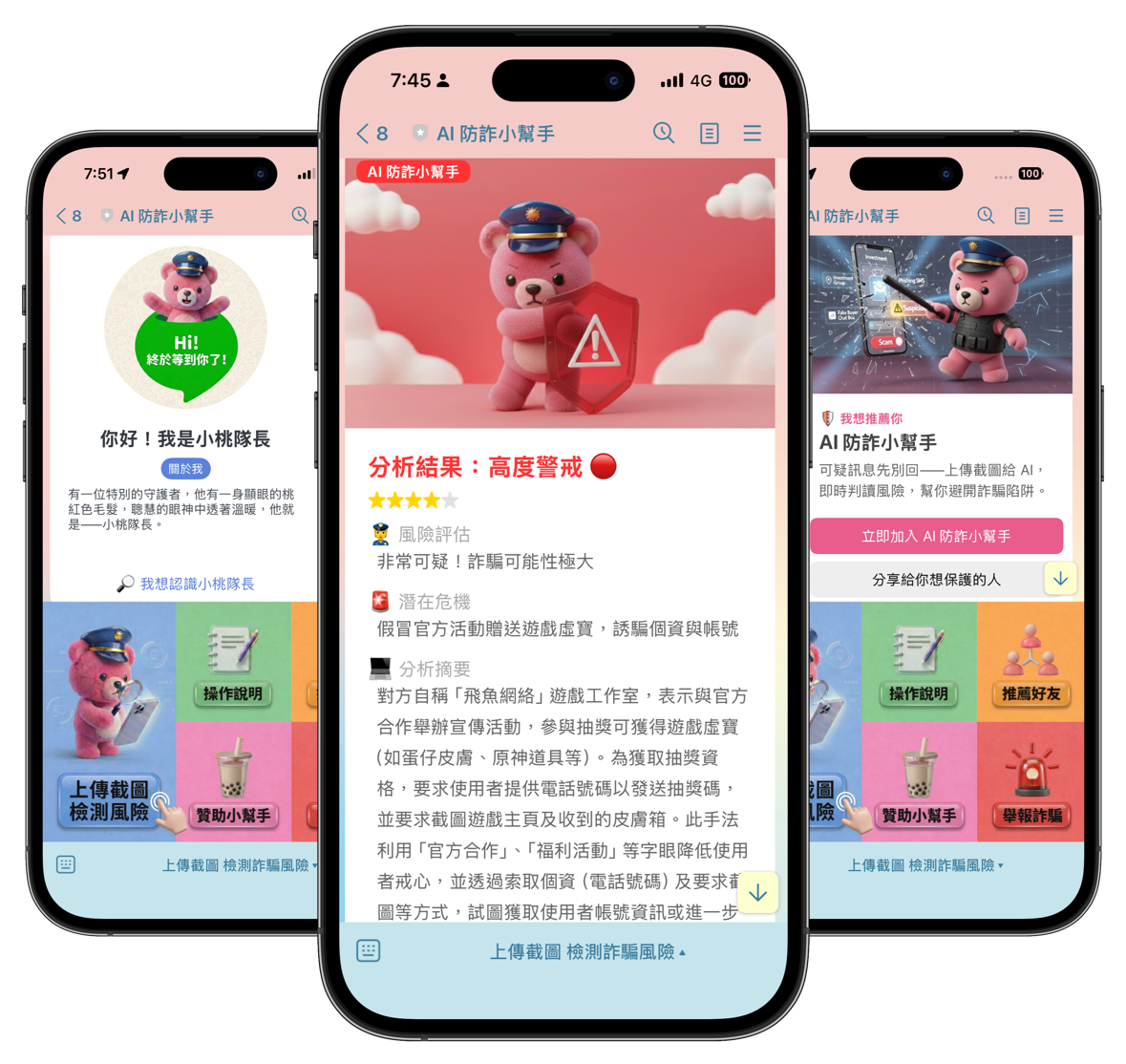 AI 防詐小幫手與小桃隊長在 LINE 中顯示五級風險分析結果的操作示意